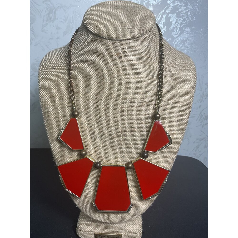 Vintage Inspired Red Geometric Statement Necklace Adjustable Bronze Chain Lobste